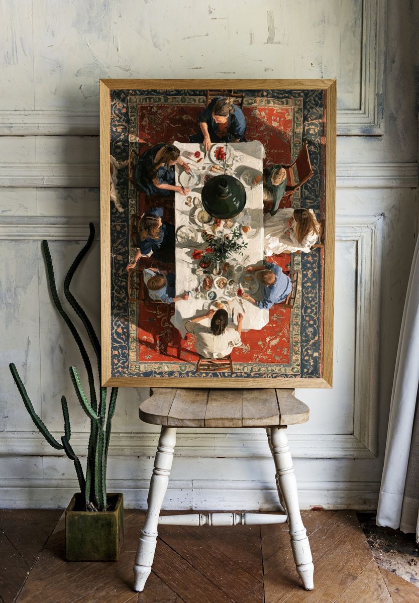Overhead Family Dinner Painting Poster. room preview