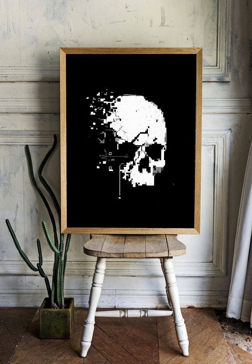 Glitch Skull Black-White Poster. room preview