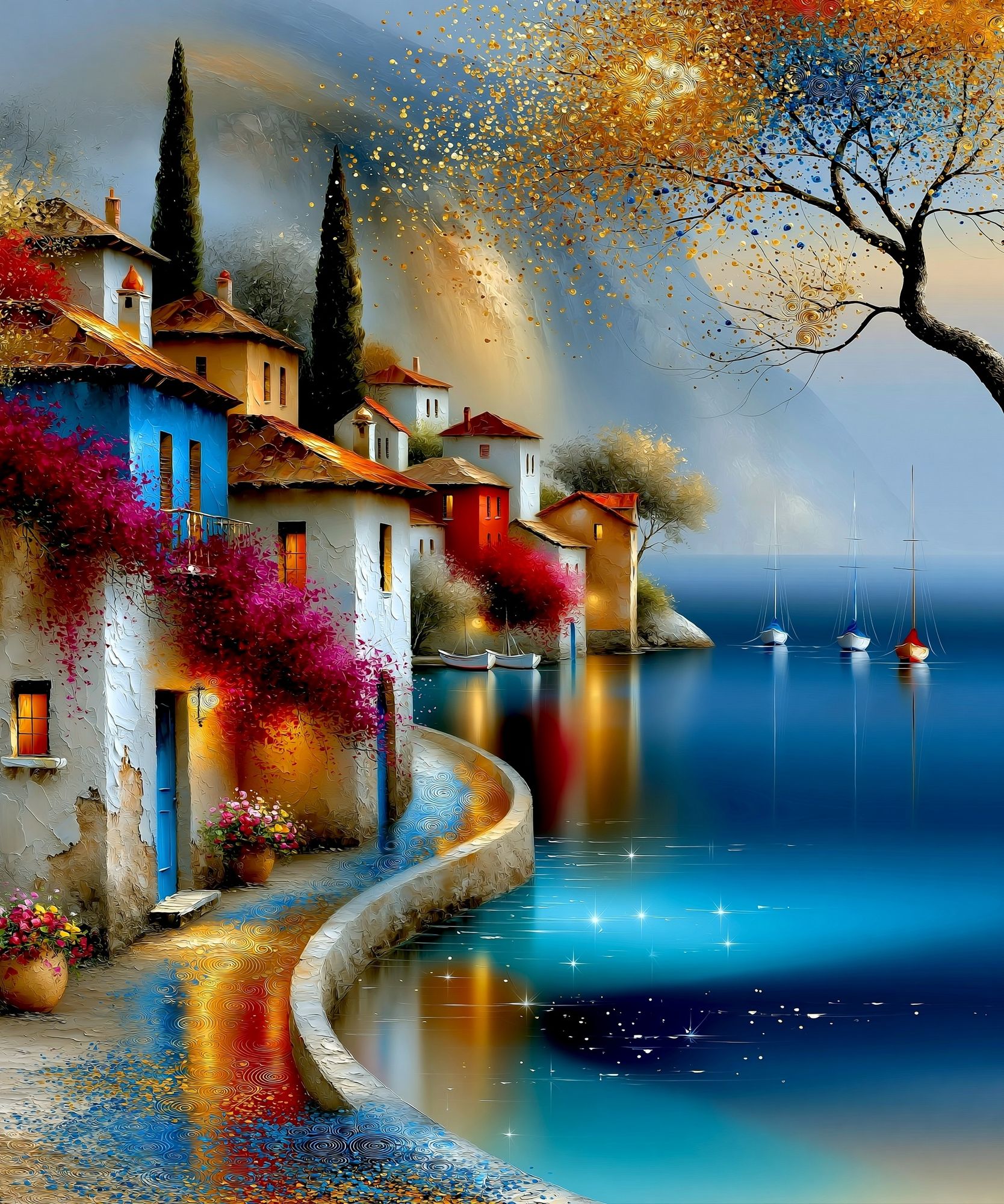 Mediterranean Seaside Village Print. poster detail