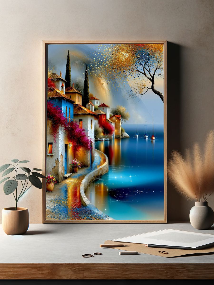 Mediterranean Seaside Village Print. — room view 2