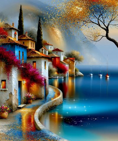 Mediterranean Seaside Village Print.