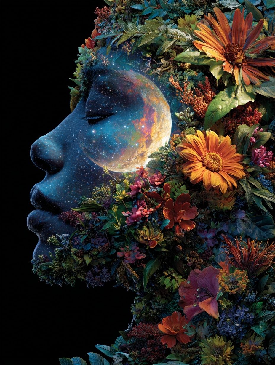 Cosmic Floral Face Surrealism Print. poster detail