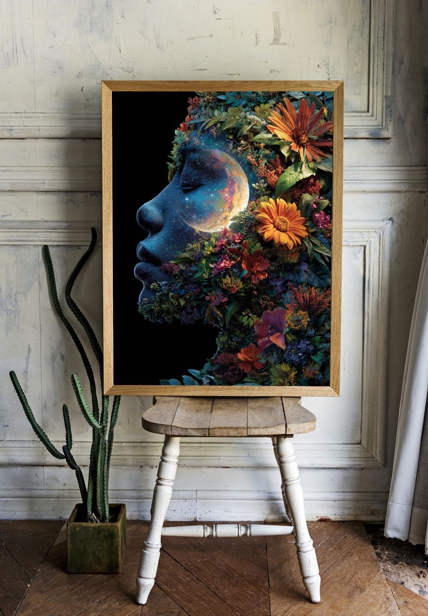 Cosmic Floral Face Surrealism Print. — room view 1