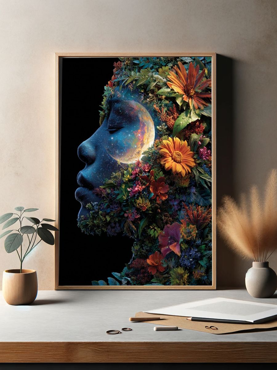 Cosmic Floral Face Surrealism Print. — room view 2