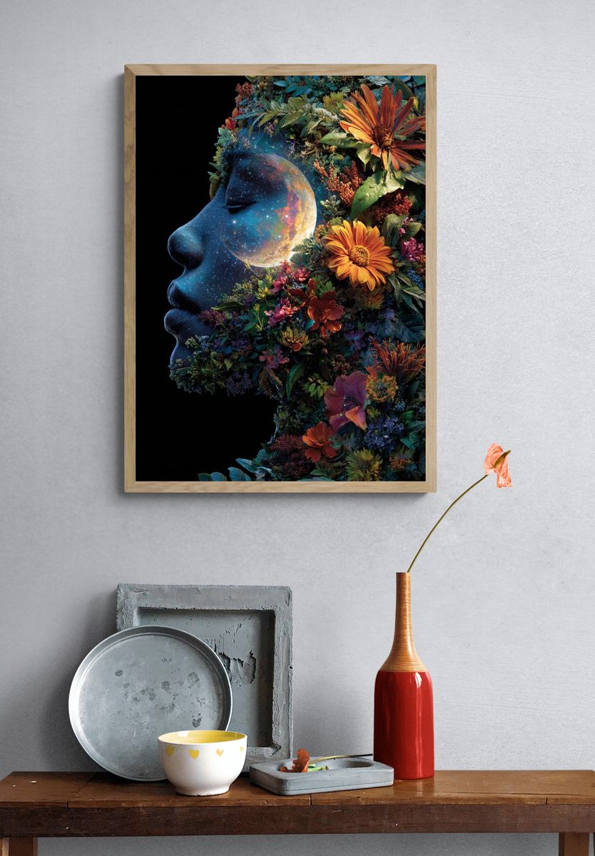 Cosmic Floral Face Surrealism Print. — room view 3