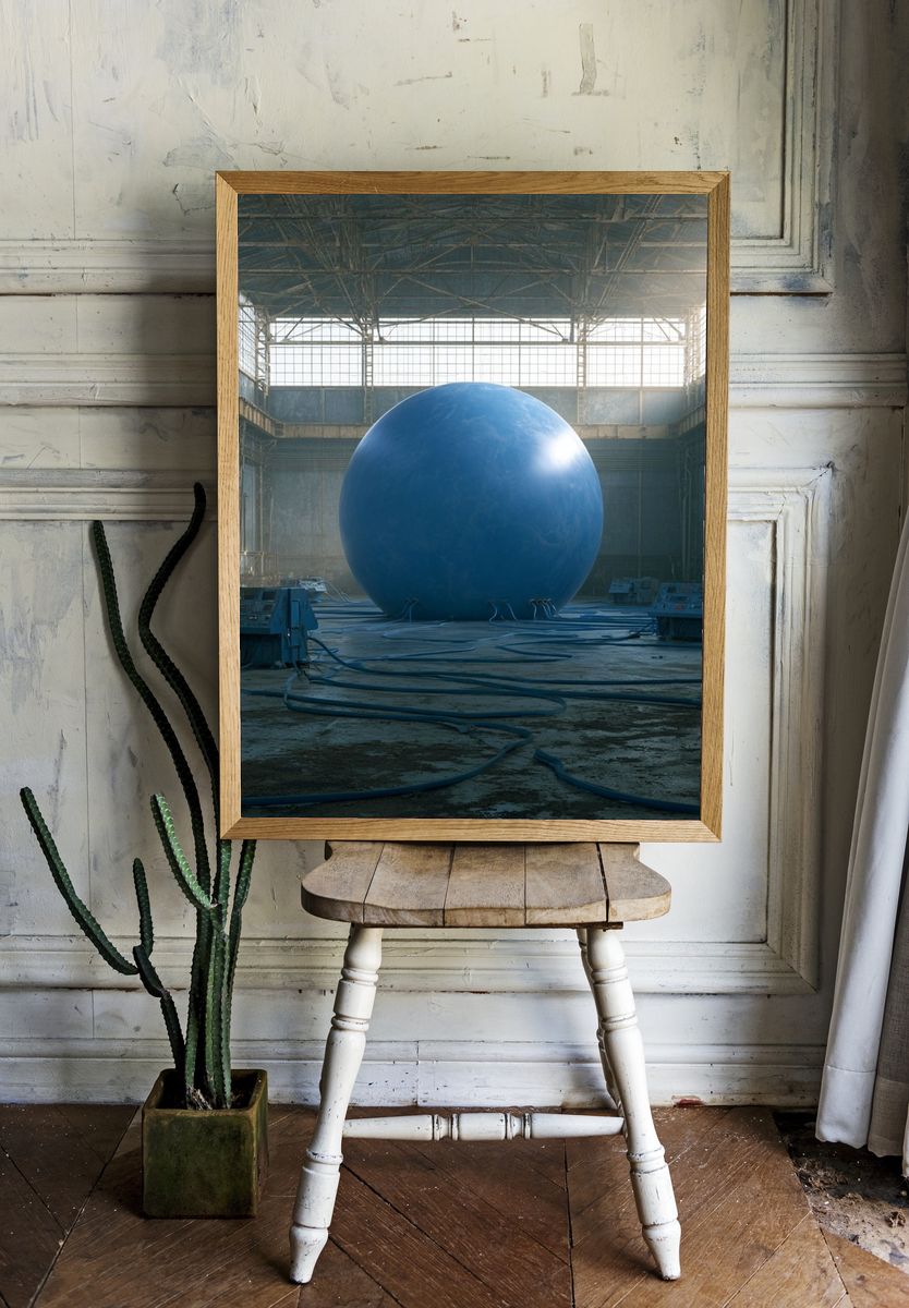 Blue Sphere Industrial Hall Poster. room preview