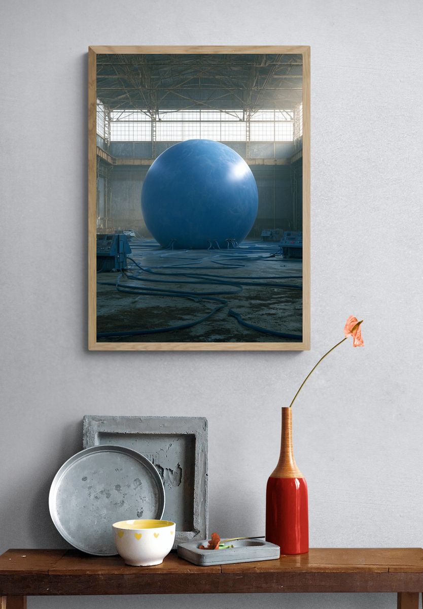Blue Sphere Industrial Hall Poster. — room view 3