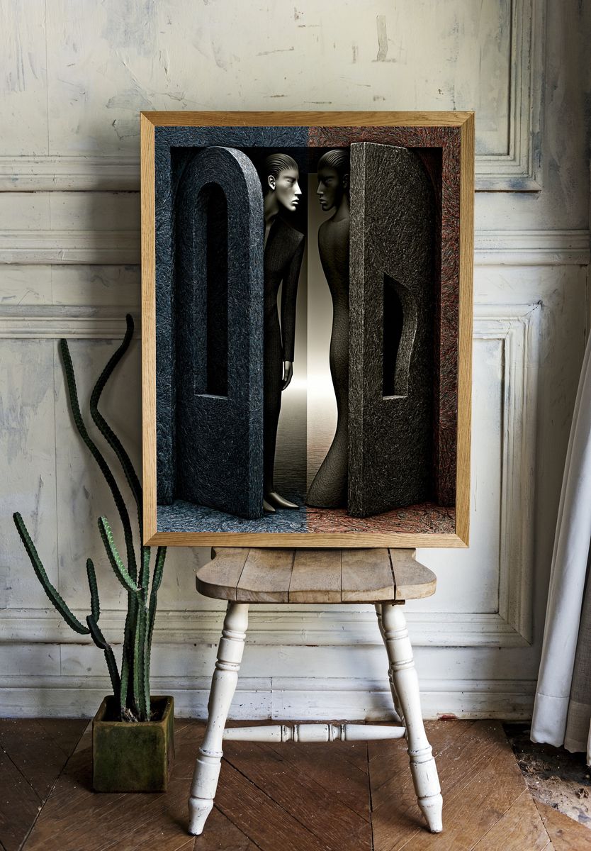 Surreal Dual Figures Abstract Print. room preview