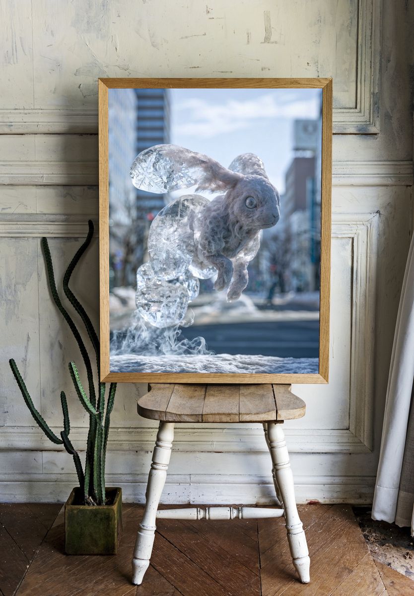 Ice Rabbit Surrealism Print. room preview