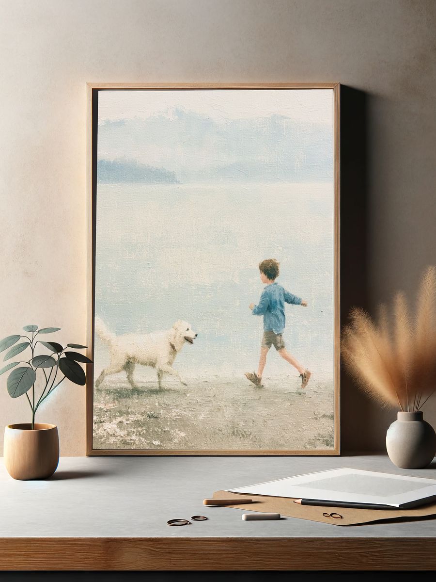 Boy and Dog by the Sea Print. — room view 2