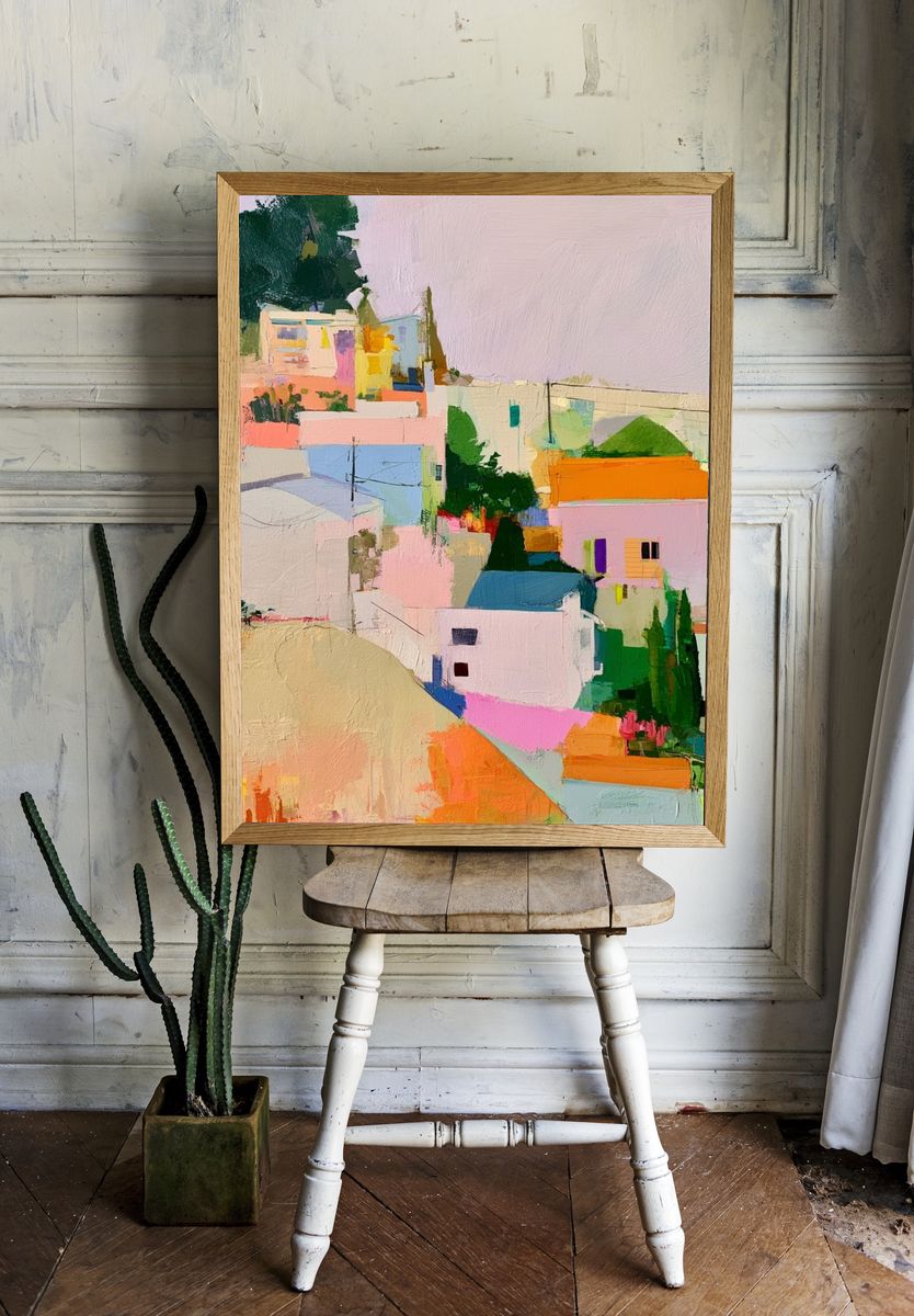 Pastel Hillside Village — Contemporary Print. room preview