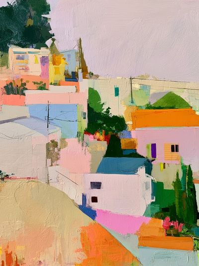 Pastel Hillside Village — Contemporary Print.