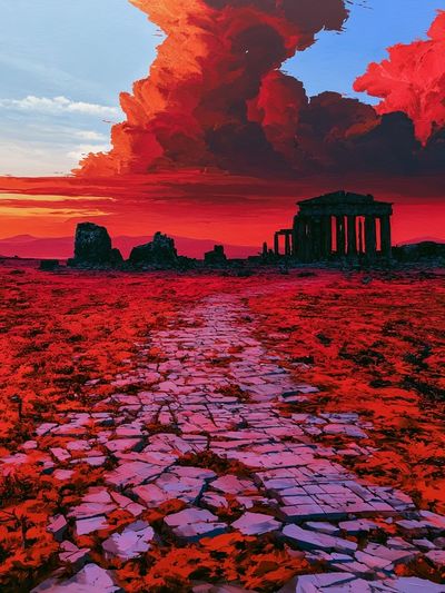 Ancient Ruins Sunset Landscape Print. poster