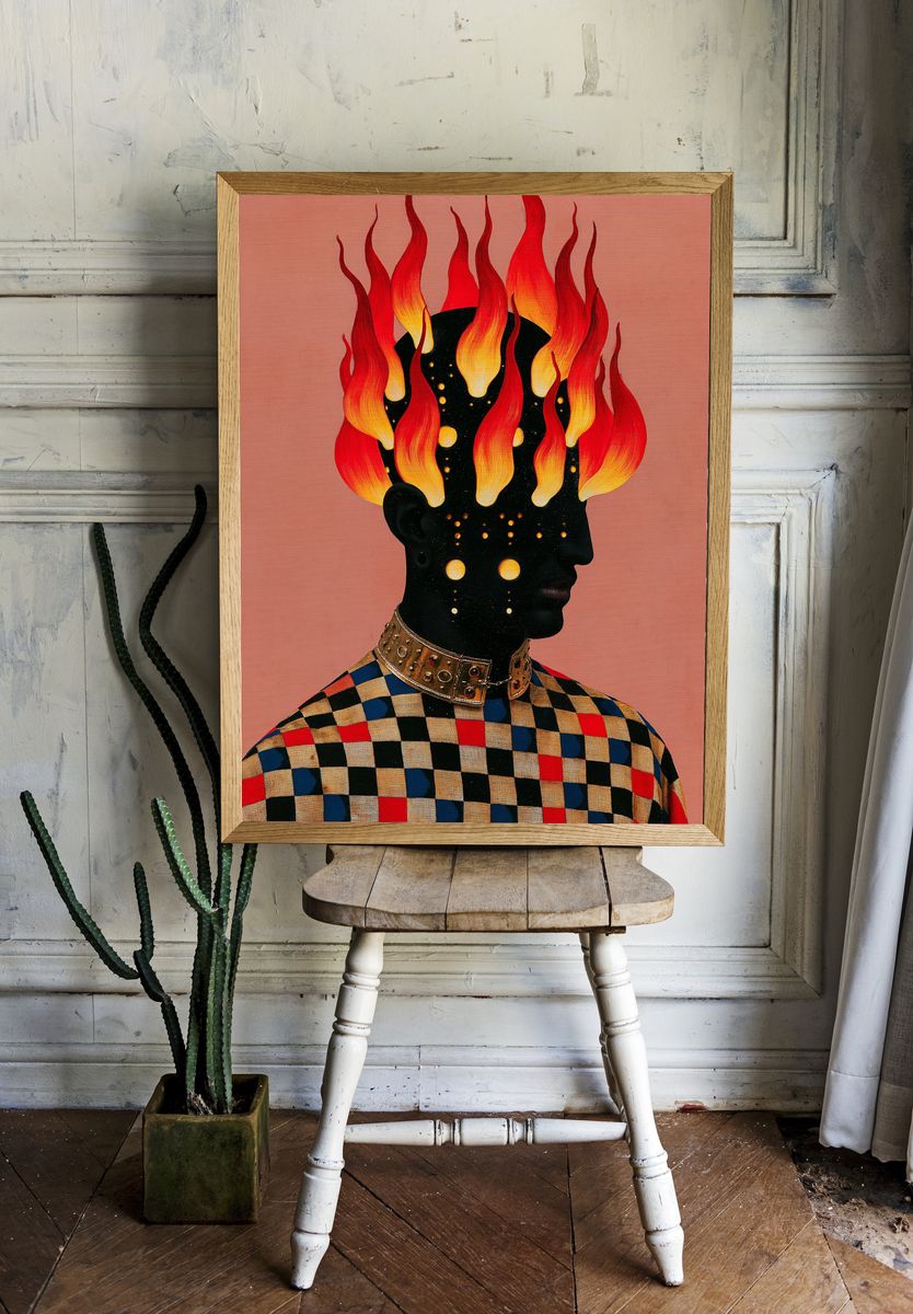 Flaming Head Surreal Portrait Poster. room preview