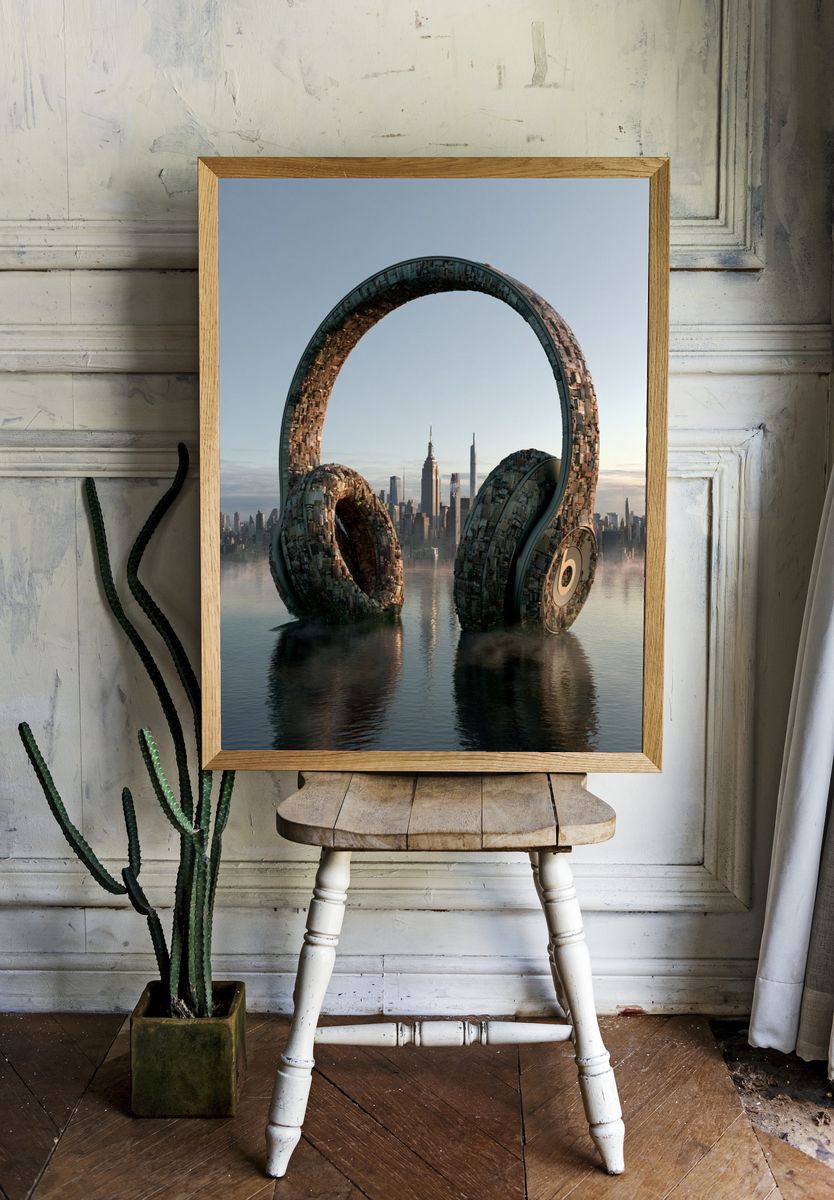 Floating Headphones Surreal Print. room preview