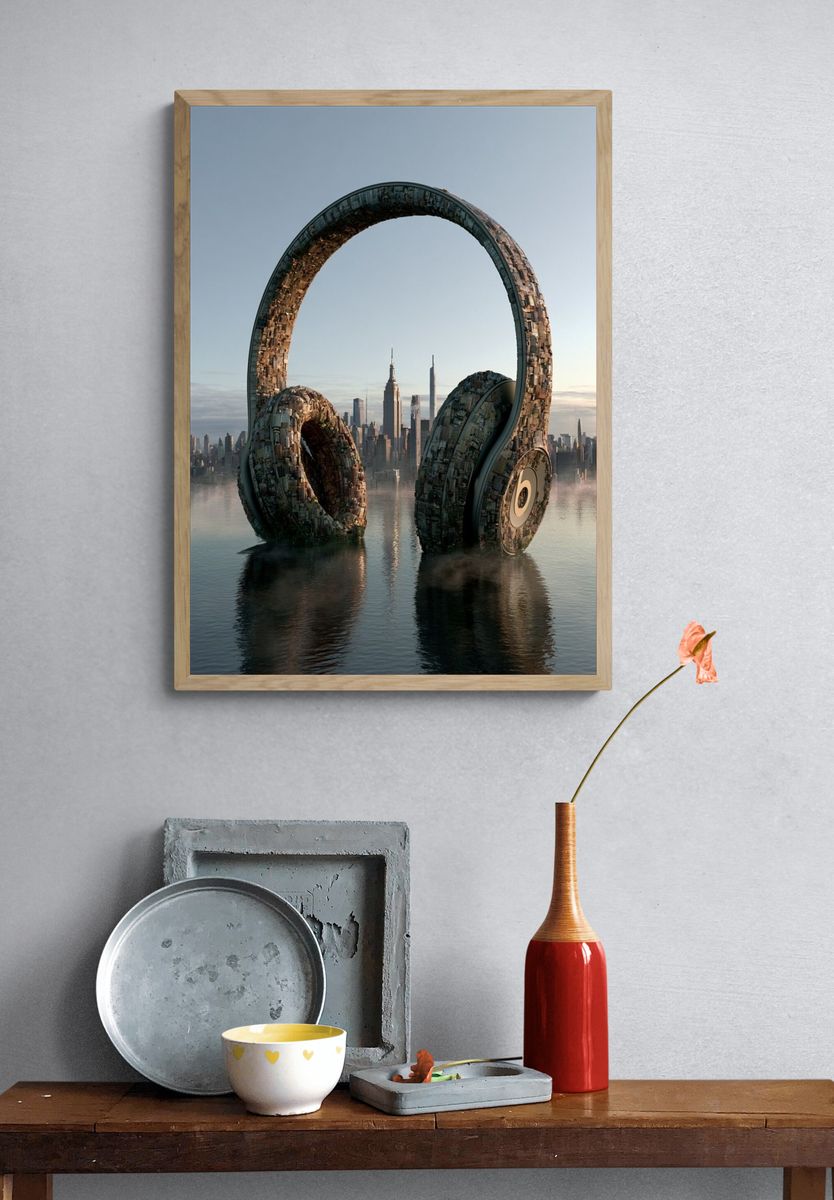 Floating Headphones Surreal Print. — room view 3
