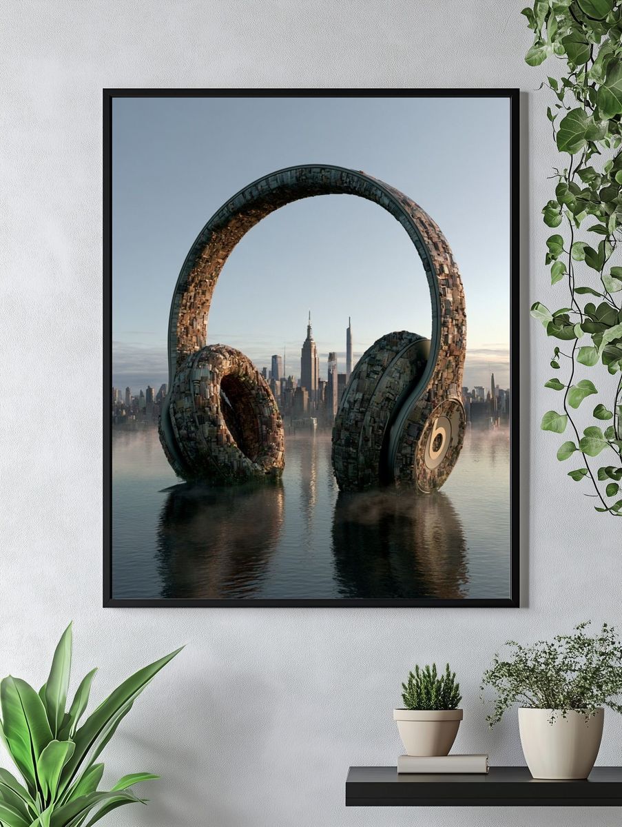 Floating Headphones Surreal Print. — room view 4
