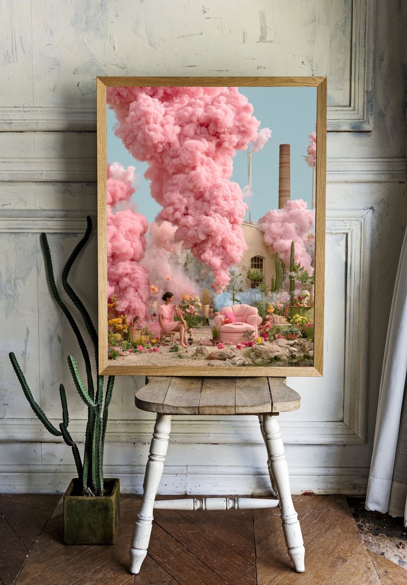 Pink Smoke Garden Surrealism Print. room preview