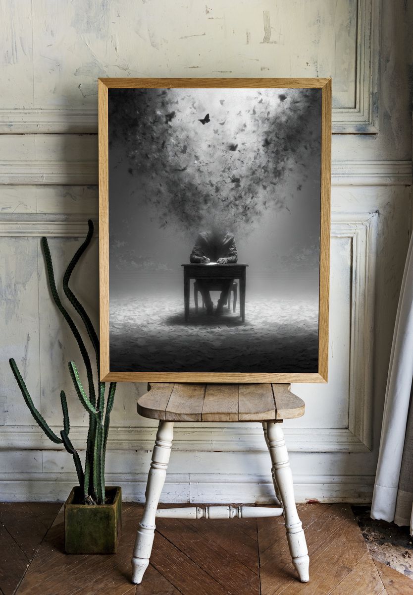 Surreal Writer in Monochrome Print. room preview