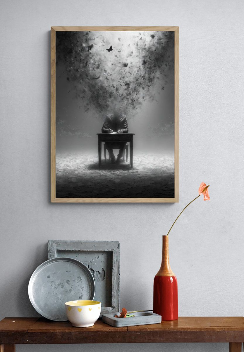 Surreal Writer in Monochrome Print. — room view 3