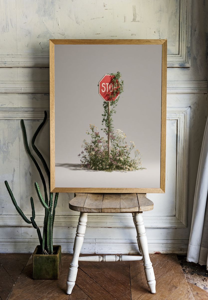 Stop Sign Floral Surrealism Print. — room view 1