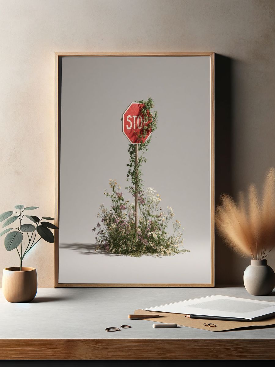 Stop Sign Floral Surrealism Print. — room view 2