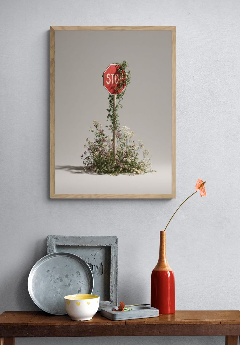 Stop Sign Floral Surrealism Print. — room view 3