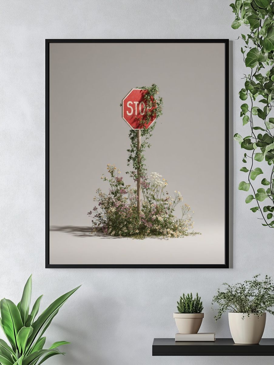 Stop Sign Floral Surrealism Print. — room view 4