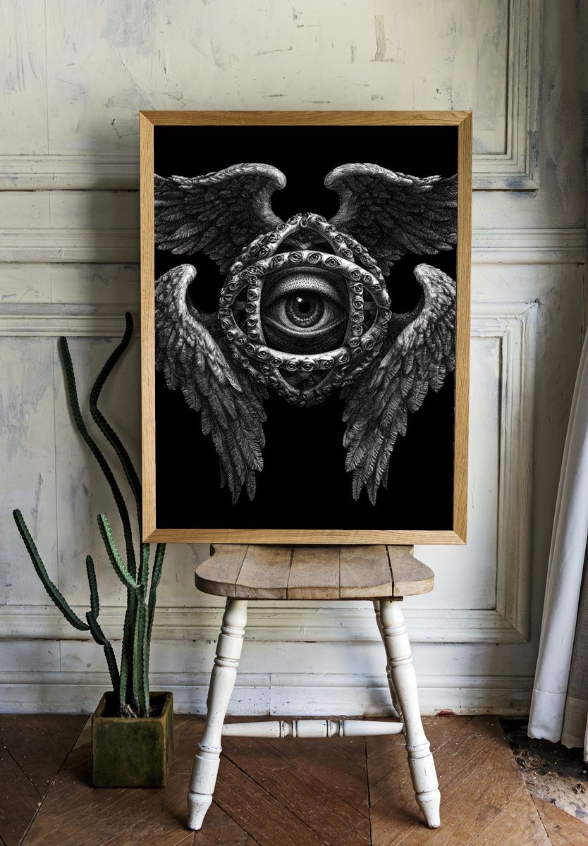 Winged Eye Surrealism Print. room preview