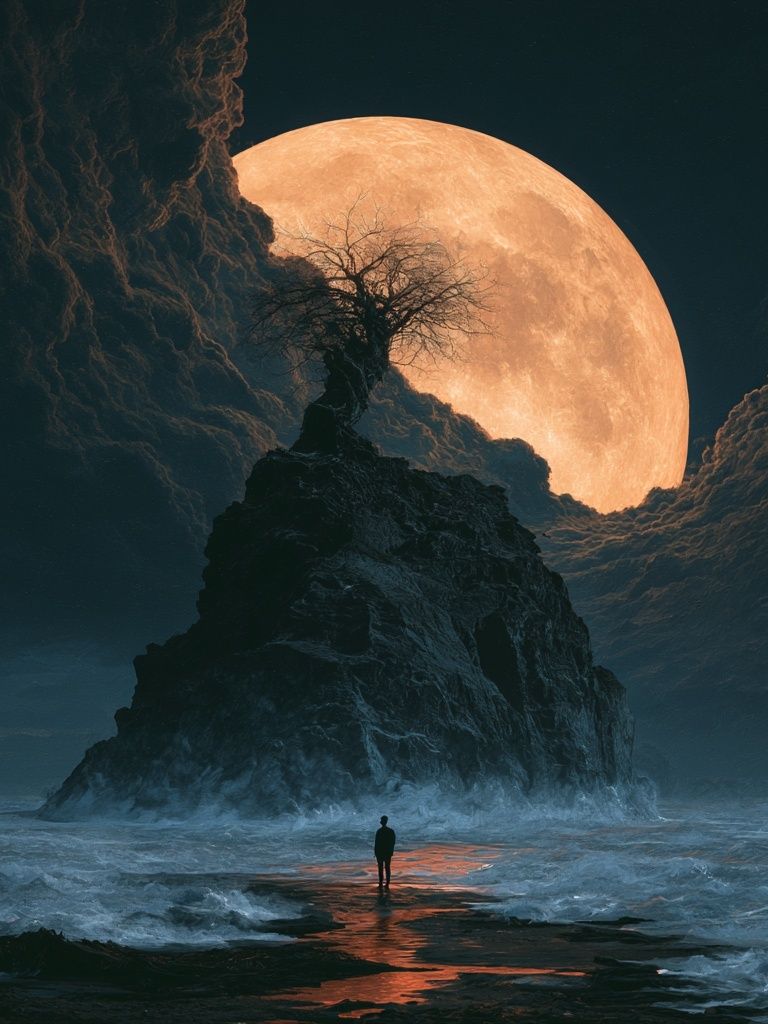 Moonlit Cliffscape Fantasy Print. poster detail