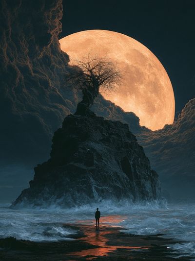 Moonlit Cliffscape Fantasy Print.