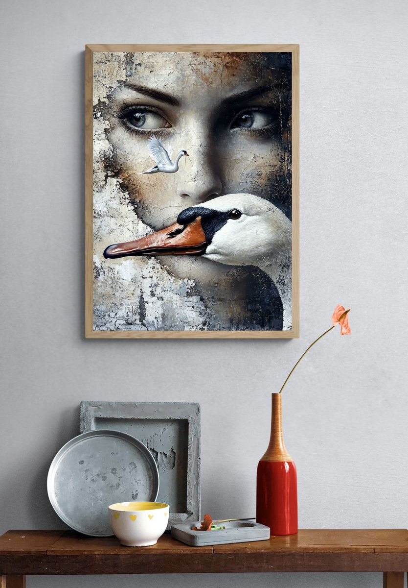 Swan and Woman Surrealism Poster. — room view 3