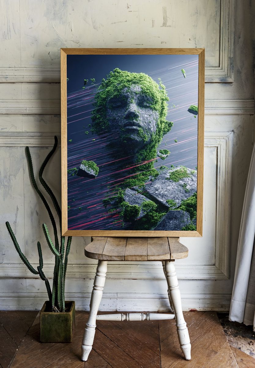 Ethereal Stone Face Digital Art Poster. — room view 1