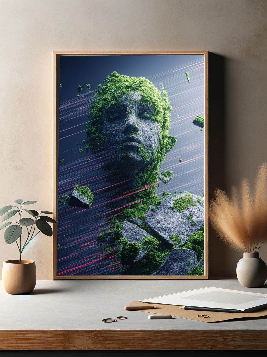 Ethereal Stone Face Digital Art Poster. — room view 2