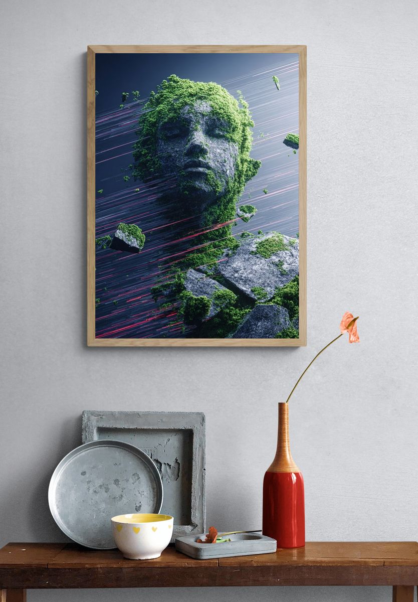 Ethereal Stone Face Digital Art Poster. — room view 3