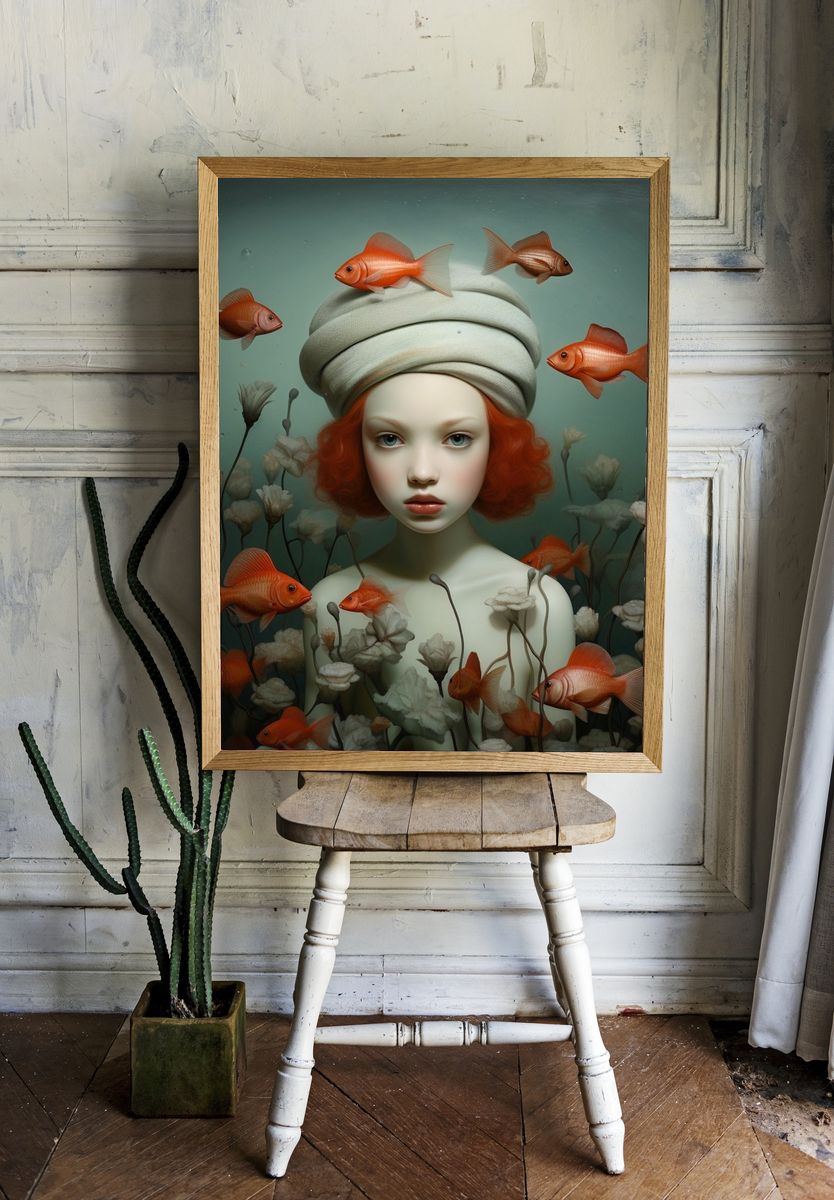 Surreal Girl and Goldfish Print. room preview