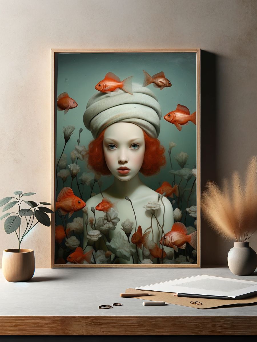 Surreal Girl and Goldfish Print. — room view 2