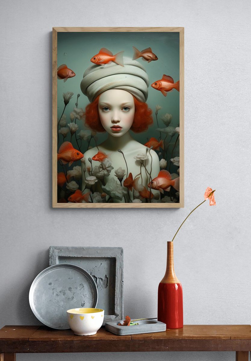 Surreal Girl and Goldfish Print. — room view 3