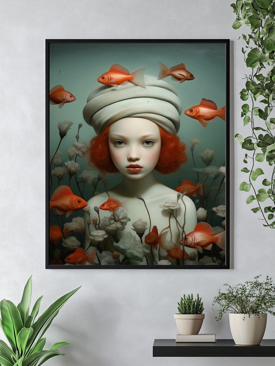 Surreal Girl and Goldfish Print. — room view 4
