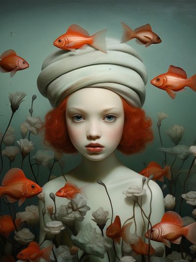 Surreal Girl and Goldfish Print.