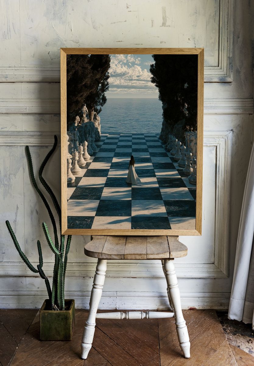 Seaside Chessboard Surrealism Print. room preview