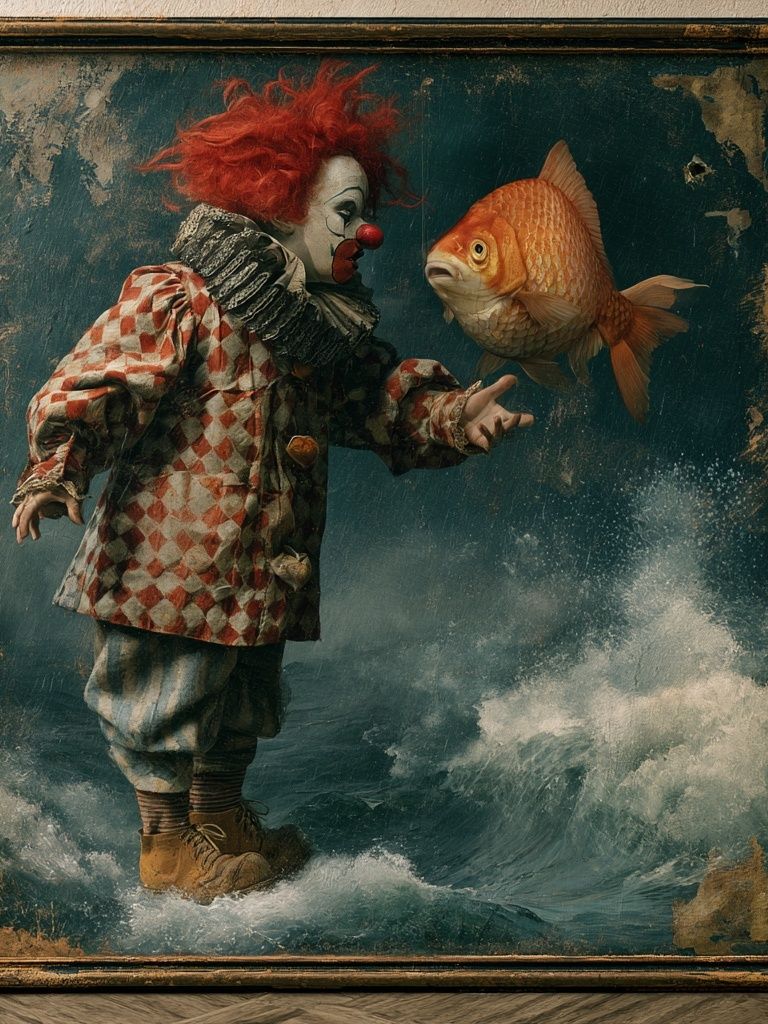 Clown and Goldfish Surrealism Poster. poster detail