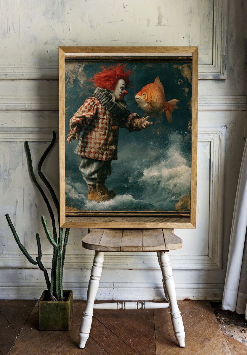 Clown and Goldfish Surrealism Poster. — room view 1