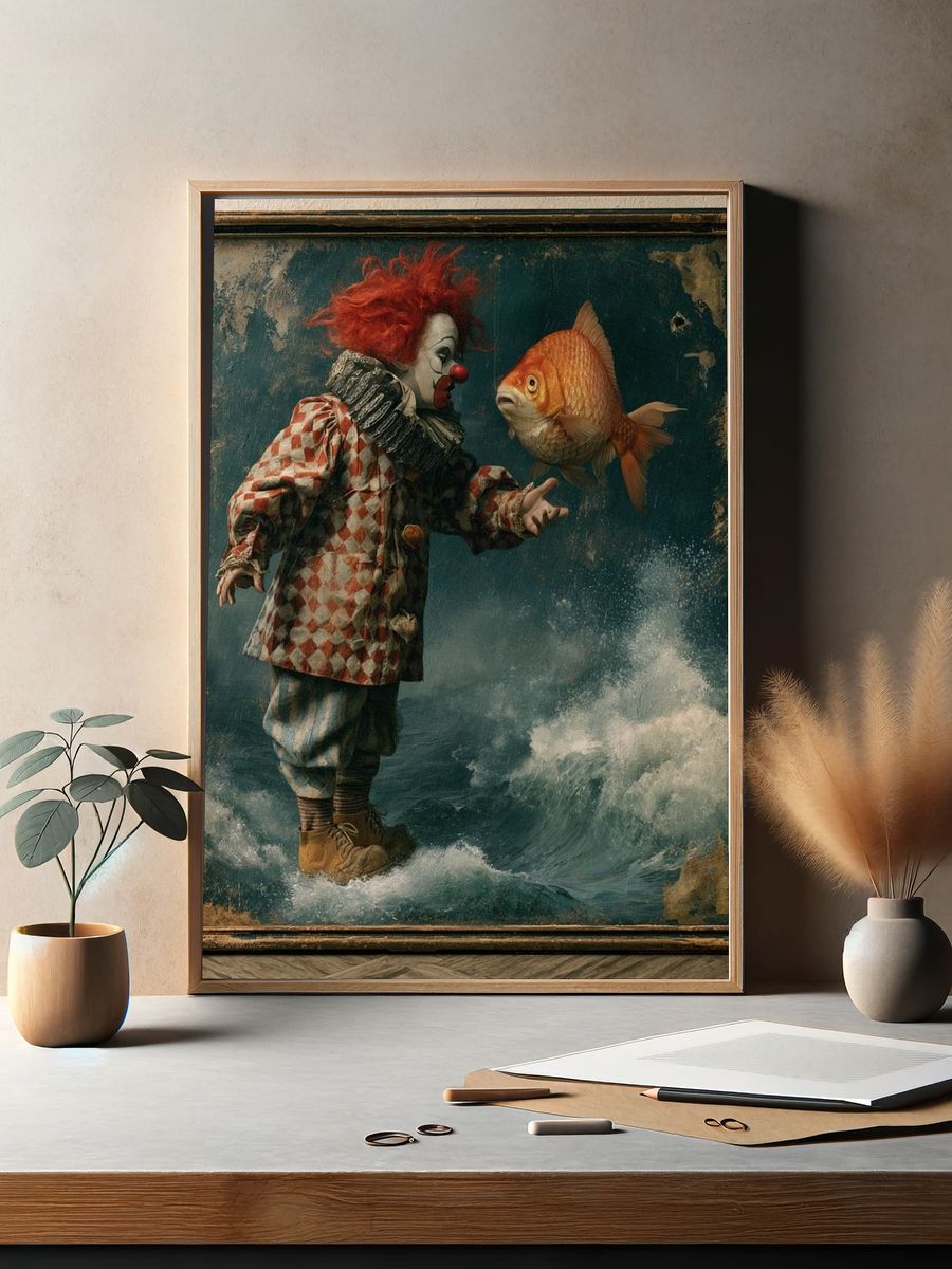 Clown and Goldfish Surrealism Poster. — room view 2