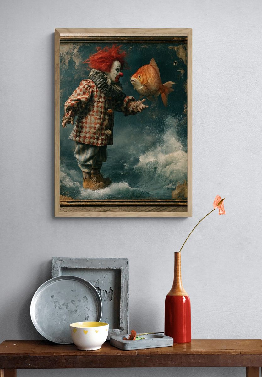 Clown and Goldfish Surrealism Poster. — room view 3