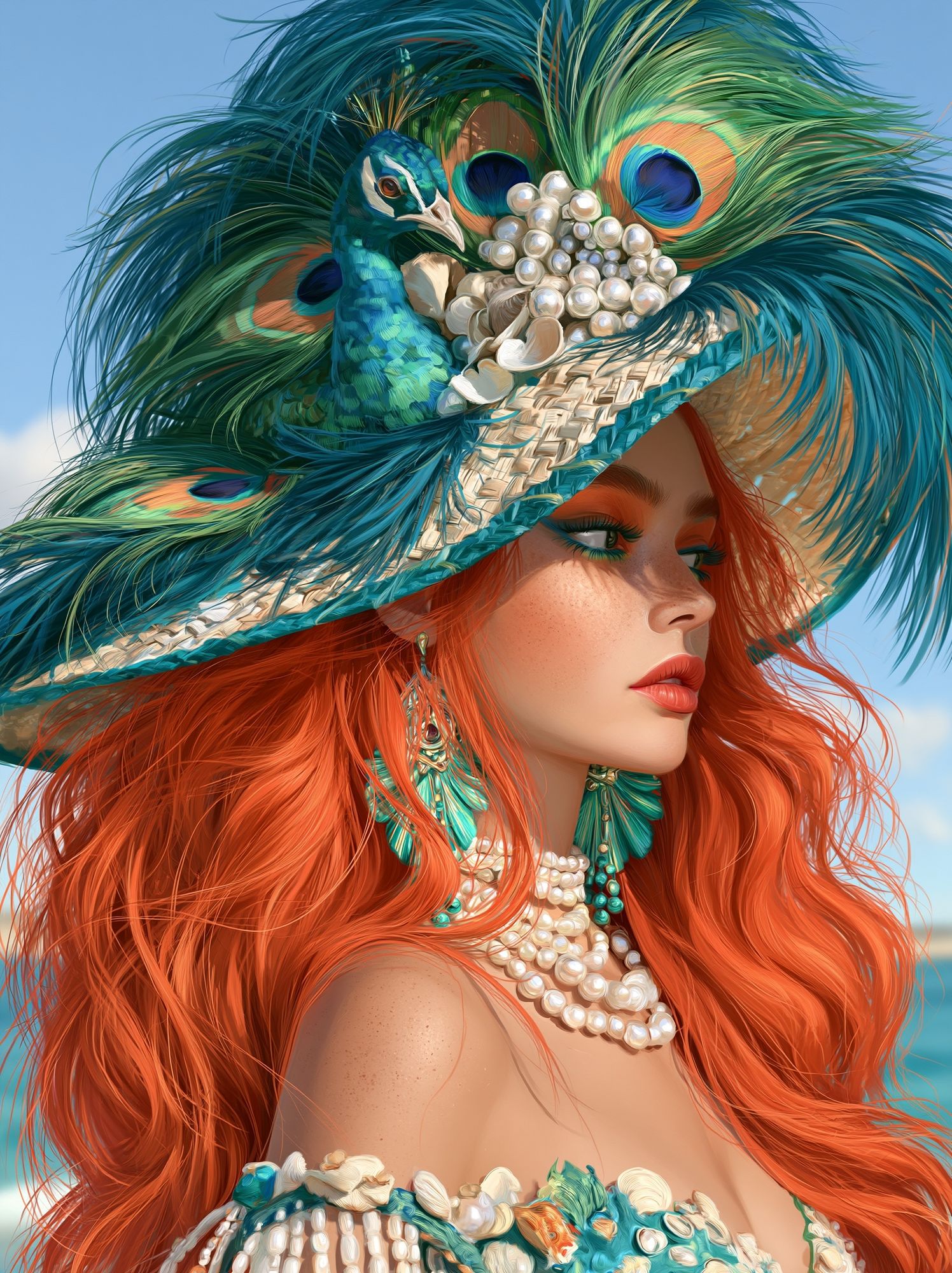 Peacock Hat Portrait Print. poster — fashion art