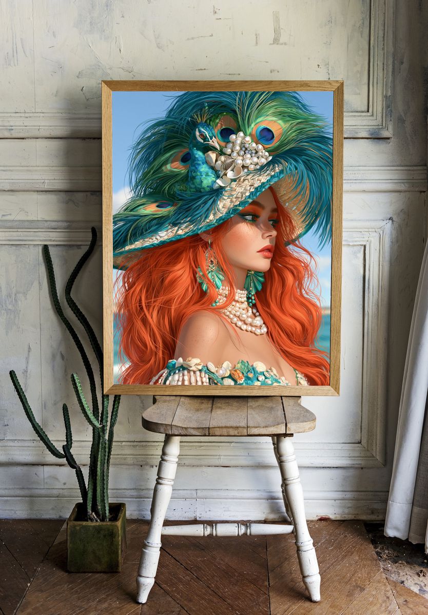 Peacock Hat Portrait Print. room preview