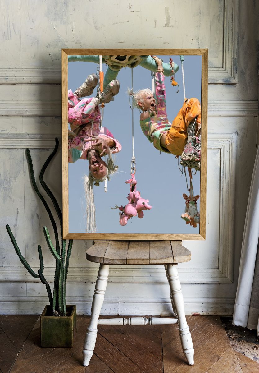 Surreal Hanging Figures Illustration Print. room preview