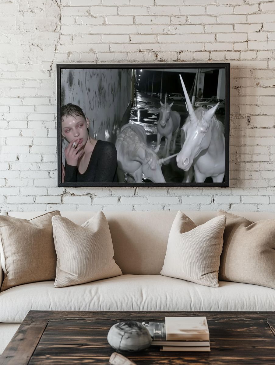 Surreal Unicorn Night Street Print. room preview