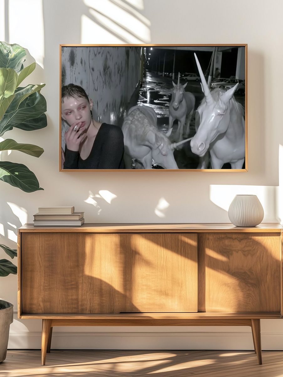 Surreal Unicorn Night Street Print. — room view 3